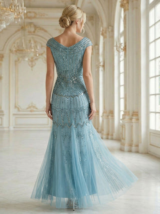 Short Sleeves Off Shoulder Fishtail Embroidered Evening Dresses