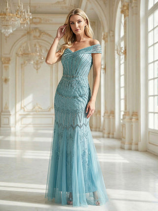 Short Sleeves Off Shoulder Fishtail Embroidered Evening Dresses