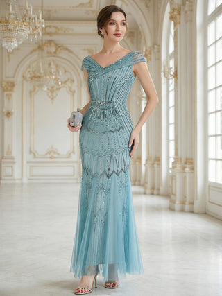 Short Sleeves Off Shoulder Fishtail Embroidered Evening Dresses