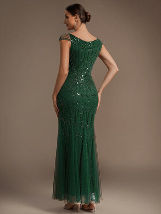 Short Sleeves Off Shoulder Fishtail Embroidered Evening Dresses