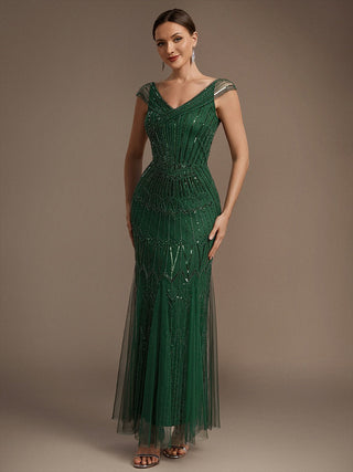 Short Sleeves Off Shoulder Fishtail Embroidered Evening Dresses