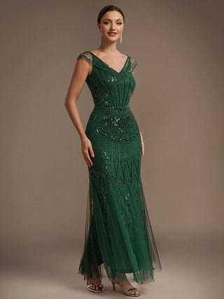 Short Sleeves Off Shoulder Fishtail Embroidered Evening Dresses