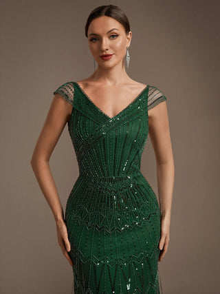 Short Sleeves Off Shoulder Fishtail Embroidered Evening Dresses