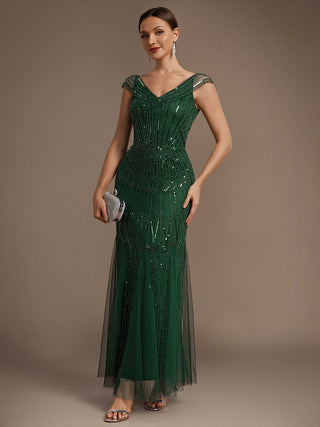 Short Sleeves Off Shoulder Fishtail Embroidered Evening Dresses