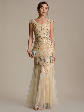 Short Sleeves Off Shoulder Fishtail Embroidered Evening Dresses