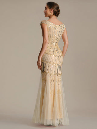 Short Sleeves Off Shoulder Fishtail Embroidered Evening Dresses
