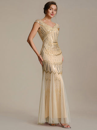Short Sleeves Off Shoulder Fishtail Embroidered Evening Dresses