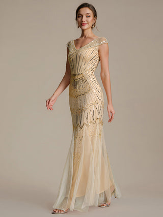 Short Sleeves Off Shoulder Fishtail Embroidered Evening Dresses