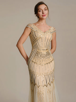 Short Sleeves Off Shoulder Fishtail Embroidered Evening Dresses