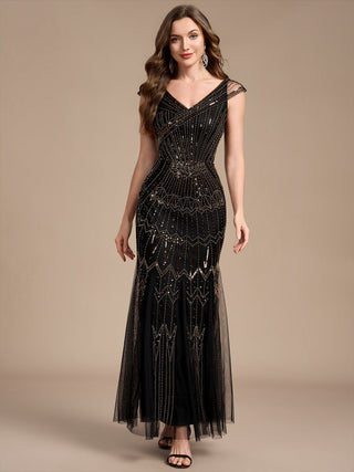 Short Sleeves Off Shoulder Fishtail Embroidered Evening Dresses