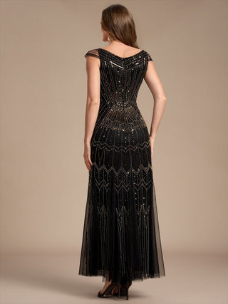 Short Sleeves Off Shoulder Fishtail Embroidered Evening Dresses