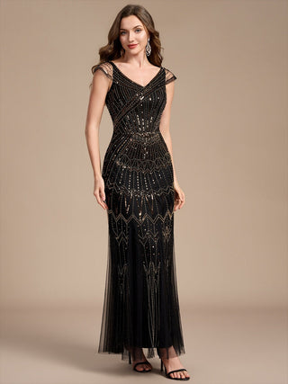 Short Sleeves Off Shoulder Fishtail Embroidered Evening Dresses