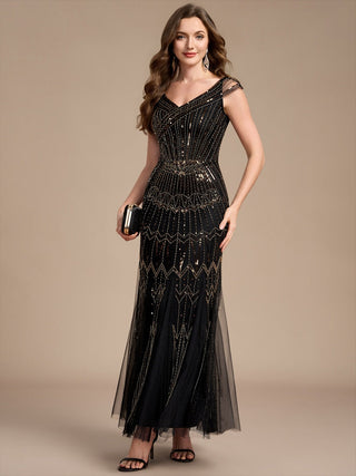 Short Sleeves Off Shoulder Fishtail Embroidered Evening Dresses