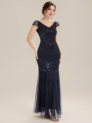 Short Sleeves Off Shoulder Fishtail Embroidered Evening Dresses