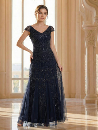 Short Sleeves Off Shoulder Fishtail Embroidered Evening Dresses