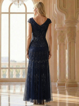 Short Sleeves Off Shoulder Fishtail Embroidered Evening Dresses