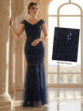 Short Sleeves Off Shoulder Fishtail Embroidered Evening Dresses
