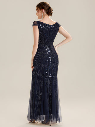 Short Sleeves Off Shoulder Fishtail Embroidered Evening Dresses