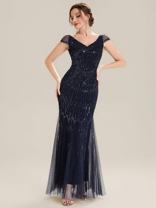Short Sleeves Off Shoulder Fishtail Embroidered Evening Dresses