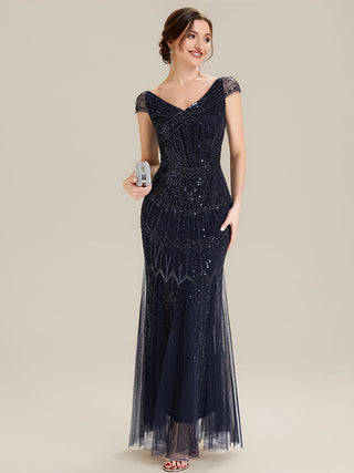 Short Sleeves Off Shoulder Fishtail Embroidered Evening Dresses