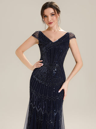 Short Sleeves Off Shoulder Fishtail Embroidered Evening Dresses