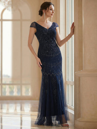 Short Sleeves Off Shoulder Fishtail Embroidered Evening Dresses