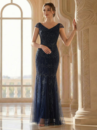 Short Sleeves Off Shoulder Fishtail Embroidered Evening Dresses