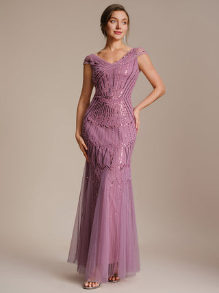 Short Sleeves Off Shoulder Fishtail Embroidered Evening Dresses