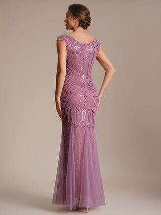 Short Sleeves Off Shoulder Fishtail Embroidered Evening Dresses