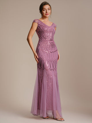 Short Sleeves Off Shoulder Fishtail Embroidered Evening Dresses
