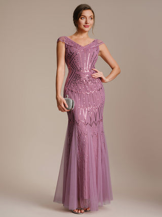 Short Sleeves Off Shoulder Fishtail Embroidered Evening Dresses