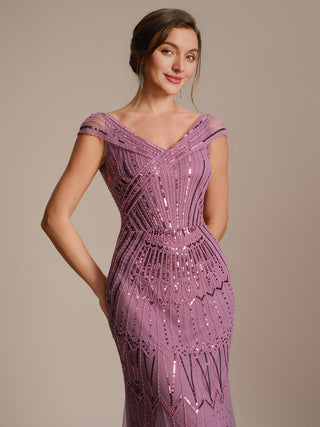 Short Sleeves Off Shoulder Fishtail Embroidered Evening Dresses