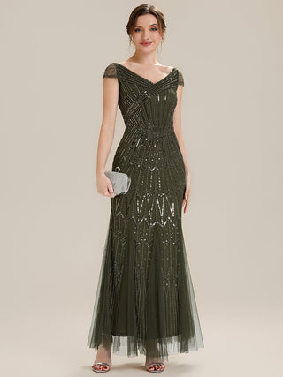 Short Sleeves Off Shoulder Fishtail Embroidered Evening Dresses