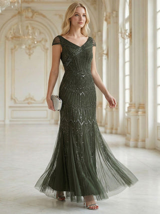 Short Sleeves Off Shoulder Fishtail Embroidered Evening Dresses