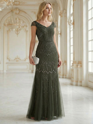 Short Sleeves Off Shoulder Fishtail Embroidered Evening Dresses