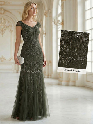 Short Sleeves Off Shoulder Fishtail Embroidered Evening Dresses