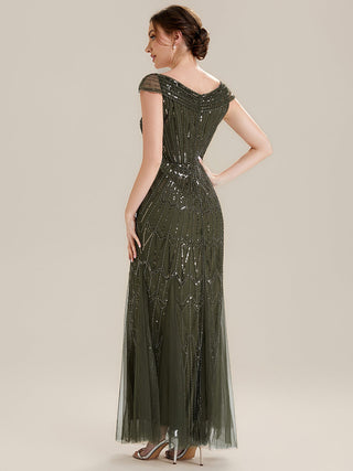Short Sleeves Off Shoulder Fishtail Embroidered Evening Dresses
