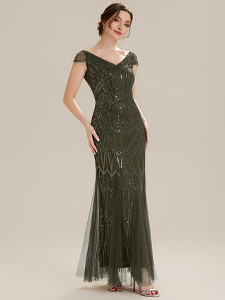 Short Sleeves Off Shoulder Fishtail Embroidered Evening Dresses