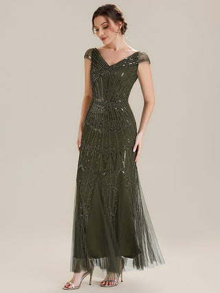 Short Sleeves Off Shoulder Fishtail Embroidered Evening Dresses