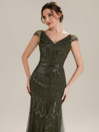 Short Sleeves Off Shoulder Fishtail Embroidered Evening Dresses