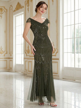 Short Sleeves Off Shoulder Fishtail Embroidered Evening Dresses