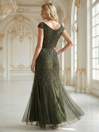 Short Sleeves Off Shoulder Fishtail Embroidered Evening Dresses