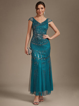 Short Sleeves Off Shoulder Fishtail Embroidered Evening Dresses