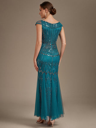 Short Sleeves Off Shoulder Fishtail Embroidered Evening Dresses