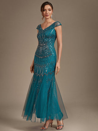 Short Sleeves Off Shoulder Fishtail Embroidered Evening Dresses