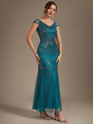 Short Sleeves Off Shoulder Fishtail Embroidered Evening Dresses