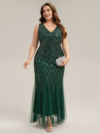 Commercial Sleeveless High Stretch Fishtail Beaded V-Neck Evening Dresses