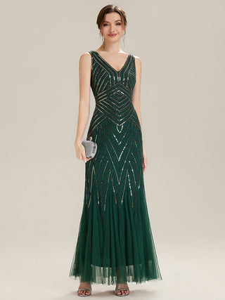 Commercial Sleeveless High Stretch Fishtail Beaded V-Neck Evening Dresses