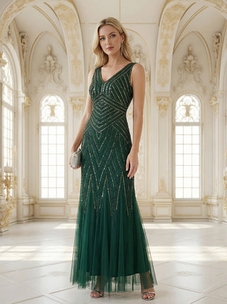 Commercial Sleeveless High Stretch Fishtail Beaded V-Neck Evening Dresses