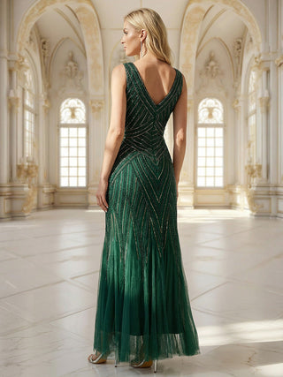 Commercial Sleeveless High Stretch Fishtail Beaded V-Neck Evening Dresses